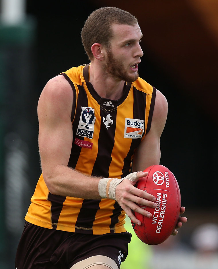 VFL 2015 Cup 2nd Preliminary Final - Box Hill v Sandringham MELBOURNE, AUSTRALIA - SEPTEMBER 19: Kurt Heatherley of Box Hill in action during the 2015 VFL 2nd Preliminary Final match between the Box Hill Hawks and the Sandringham Zebras at North Port Oval, Melbourne, Australia on September 19, 2015. (Photo by Adam Trafford/AFL Media)